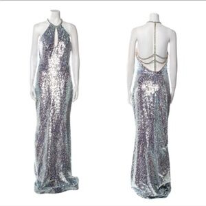 Jovani silver (blue undertone) halter sequin dress with nude underlining